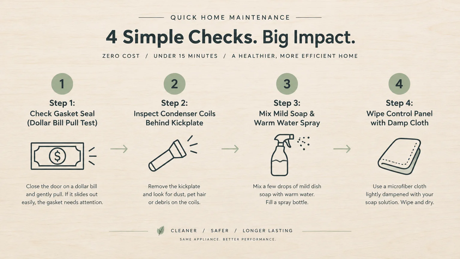 Diagram outlining four maintenance steps: checking gasket seals, inspecting coils, mixing soap spray, and wiping panels.