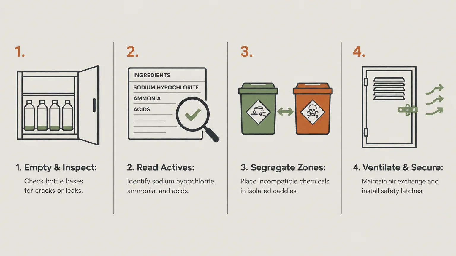 Four-step diagram showing cabinet safety audit steps: empty and inspect, read actives, segregate zones, and ventilate.