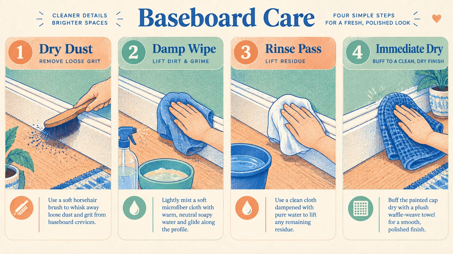 Four-step diagram showing hands cleaning baseboards: dry dusting, damp wiping, rinsing, and drying with a cloth.