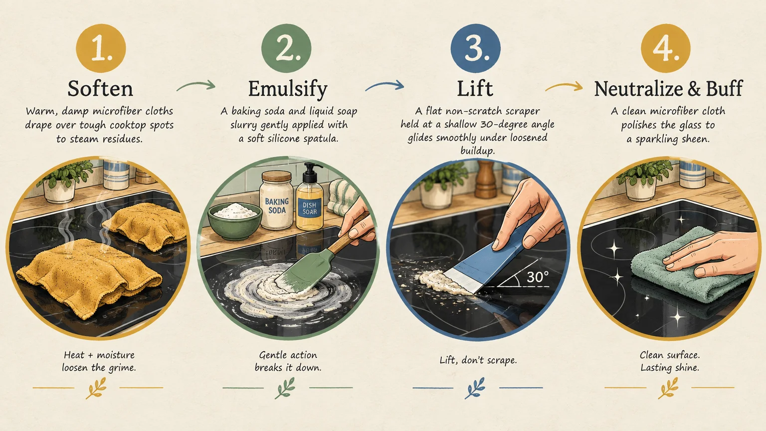 Four-step diagram showing how to clean a glass cooktop: softening with cloths, applying paste, scraping, and buffing.