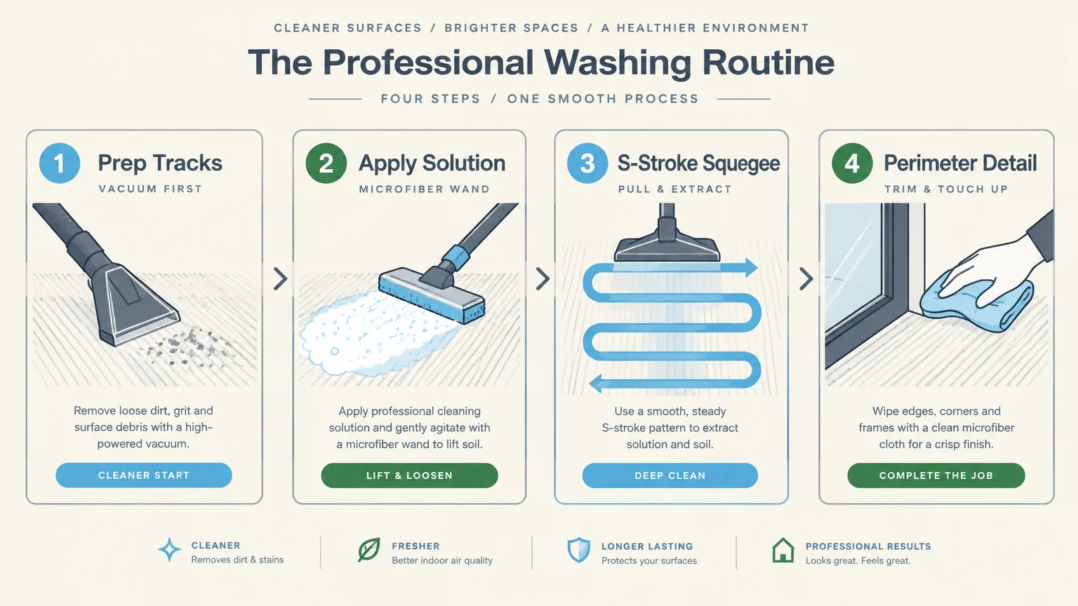 Diagram showing a four-step washing routine: prep tracks, apply solution, S-stroke squeegee, and perimeter detail.