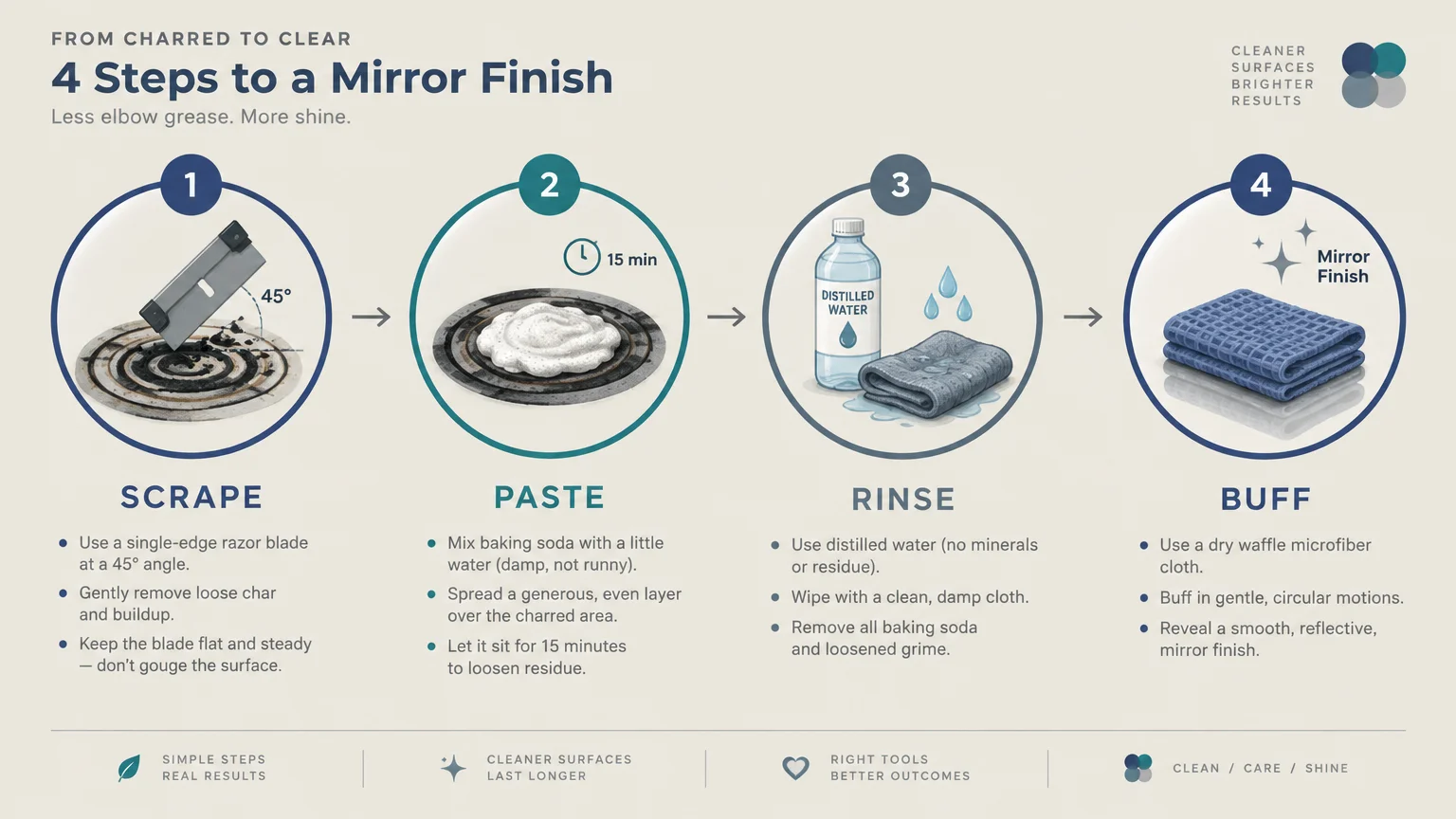 Diagram outlining four cleaning steps: scrape with a blade, apply paste, rinse with distilled water, and buff with a cloth.