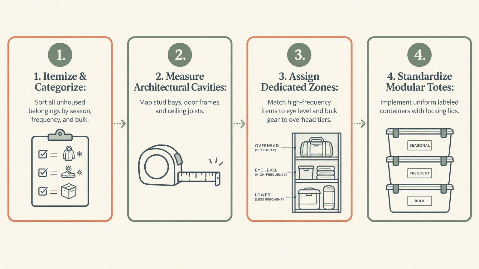 Four-step diagram showing itemizing with a checklist, measuring with tape, assigning shelf zones, and stacking labeled totes.