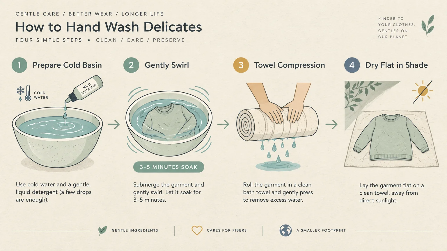 Four-step diagram showing how to hand wash delicates: prepare basin, gently swirl, towel compress, and dry flat.