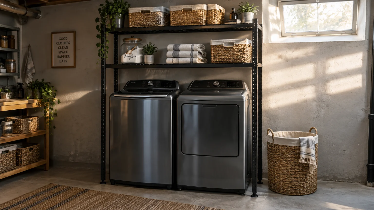 A black metal shelving unit over a stainless steel washer and dryer holding baskets, folded towels, and supplies.