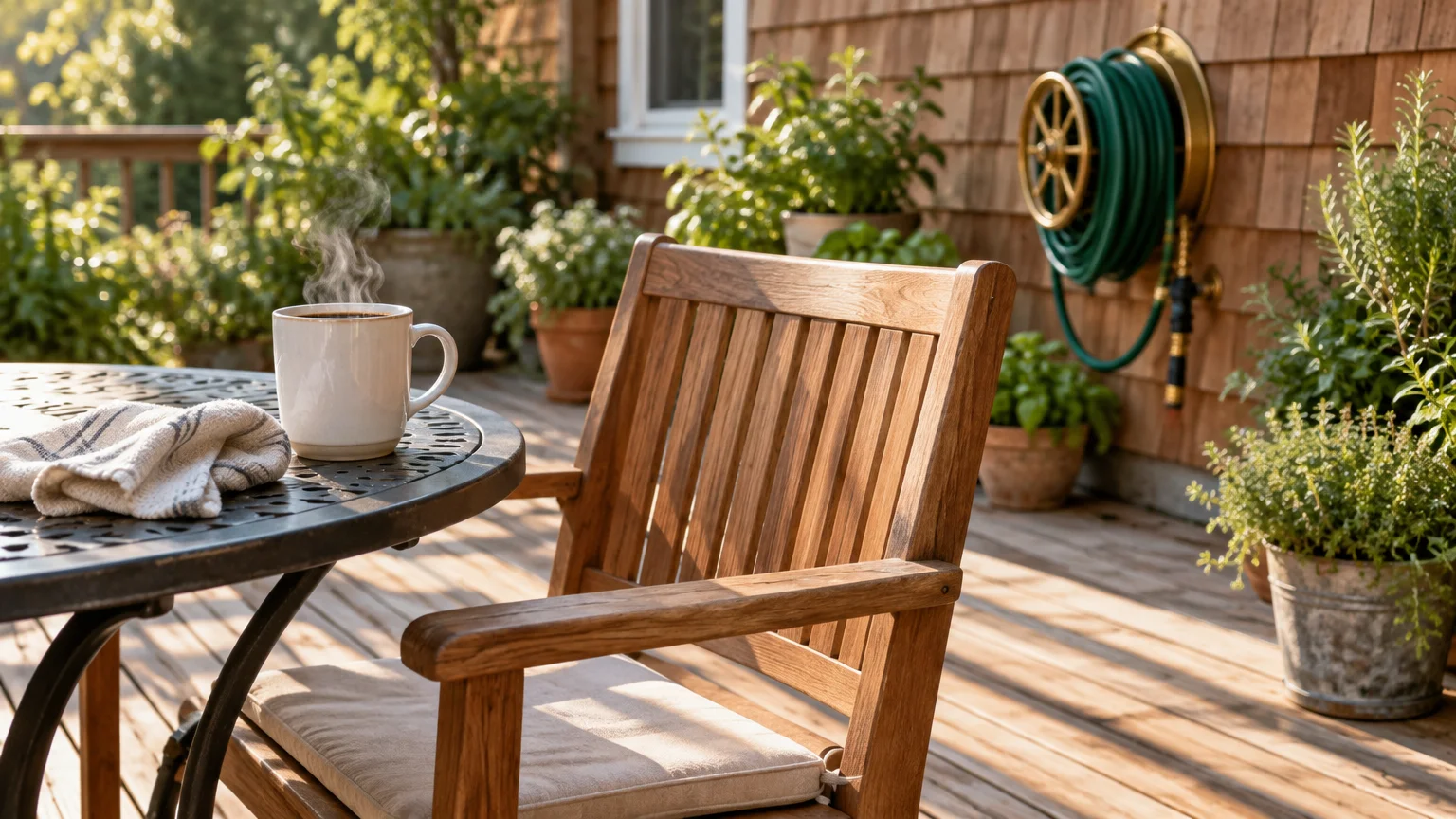 Steaming white mug and cloth on a metal patio table next to a wooden armchair on a sunlit deck with potted plants.