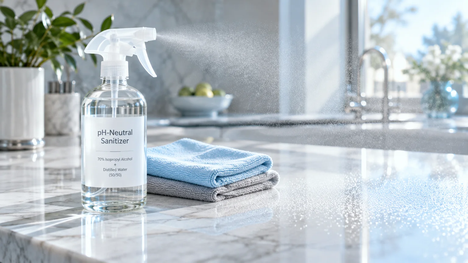Clear spray bottle misting liquid onto a marble countertop beside folded blue and gray microfiber cloths.