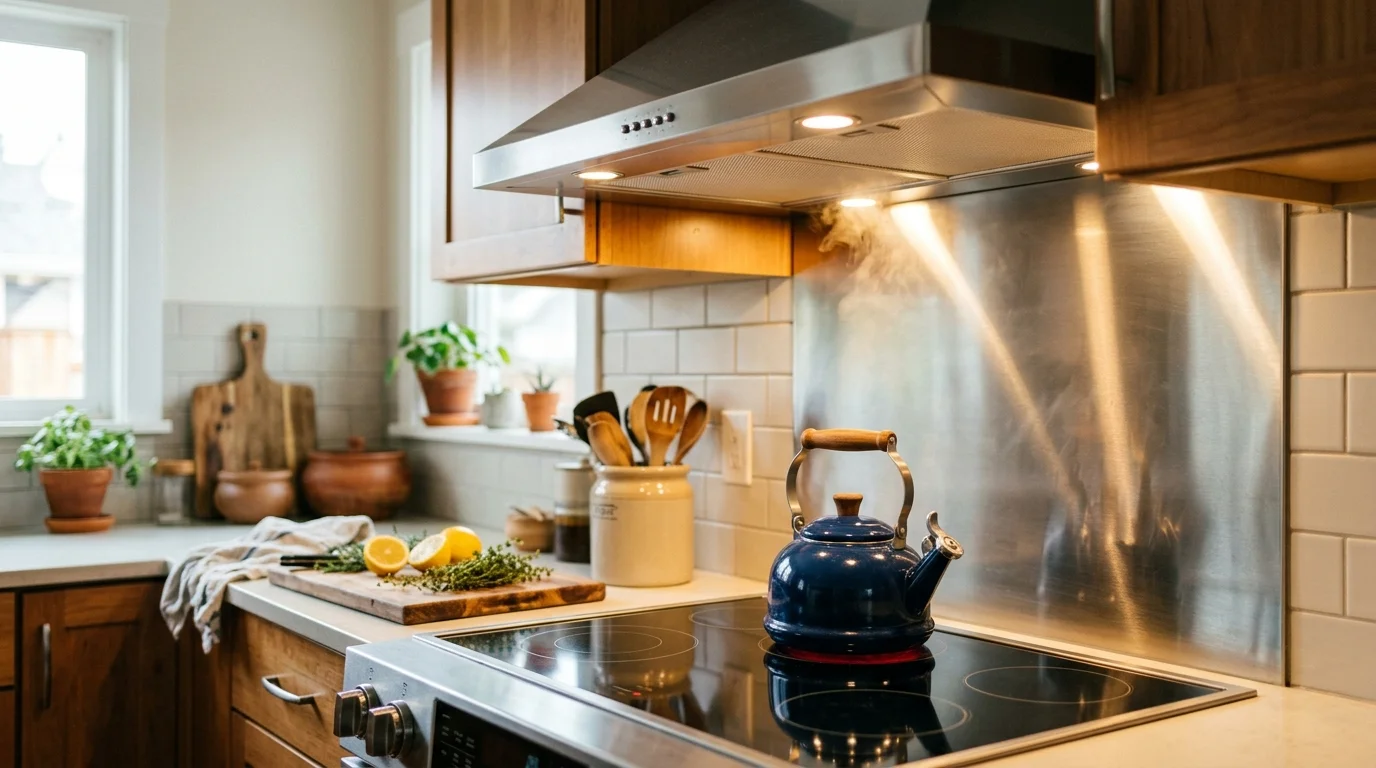 Blue kettle steaming on an electric stovetop beneath an illuminated stainless steel range hood in a kitchen.