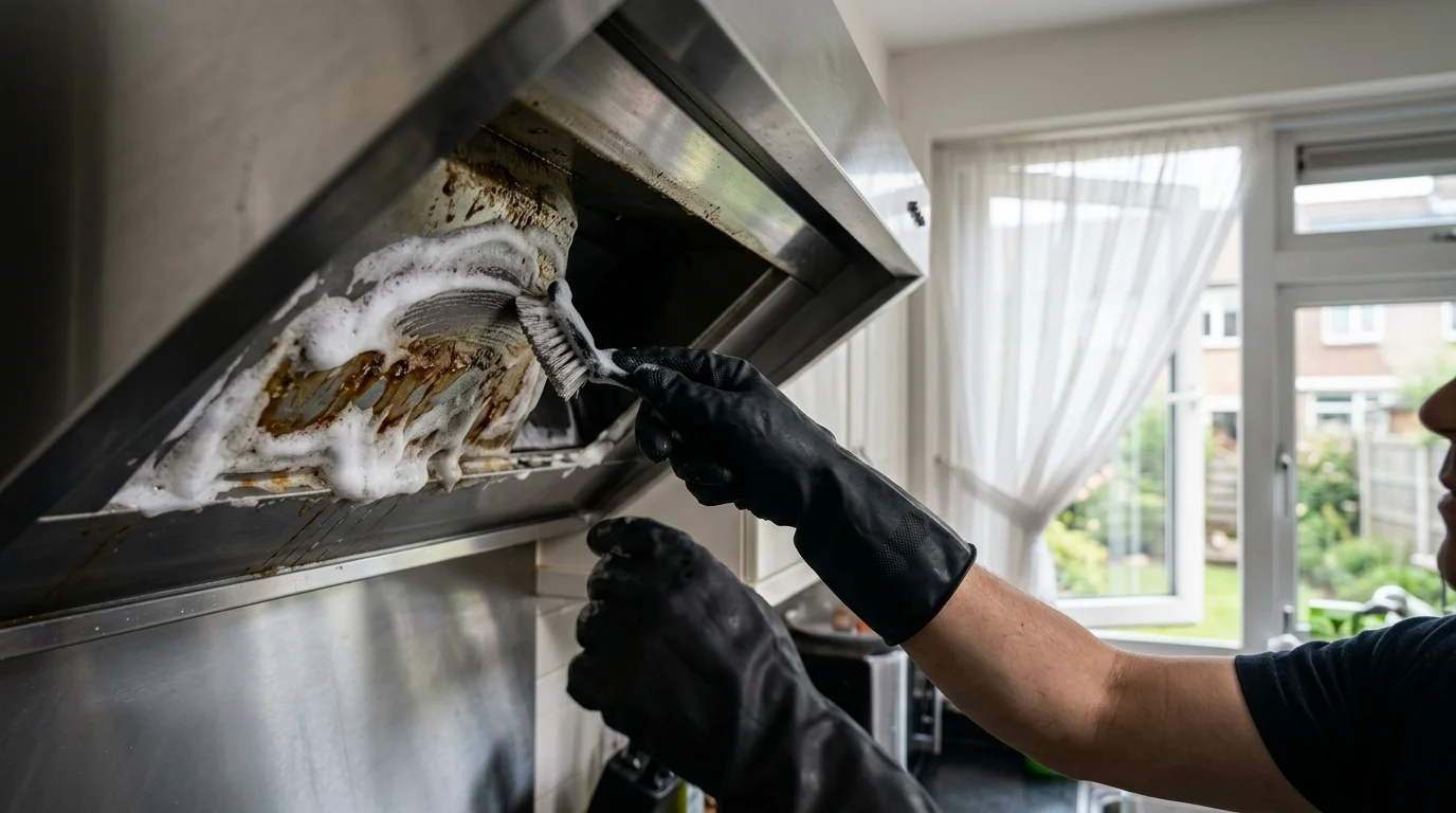 Person in black rubber gloves scrubs foam on greasy underside of a stainless steel range hood using a brush.