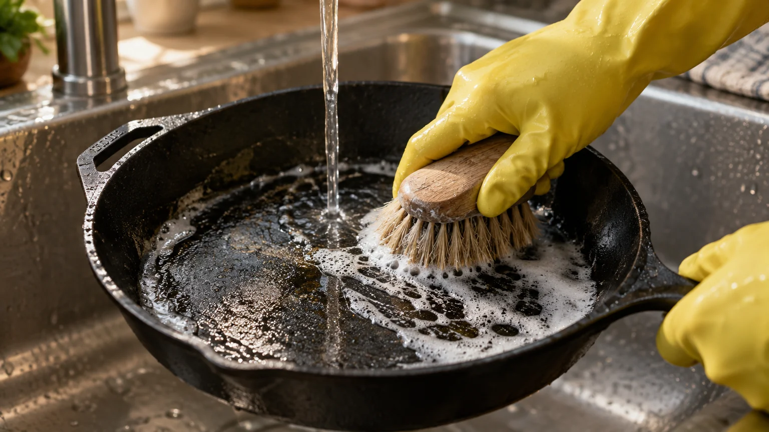 Yellow-gloved hands scrubbing a soapy cast iron skillet with a wooden brush under running tap water in a kitchen sink.
