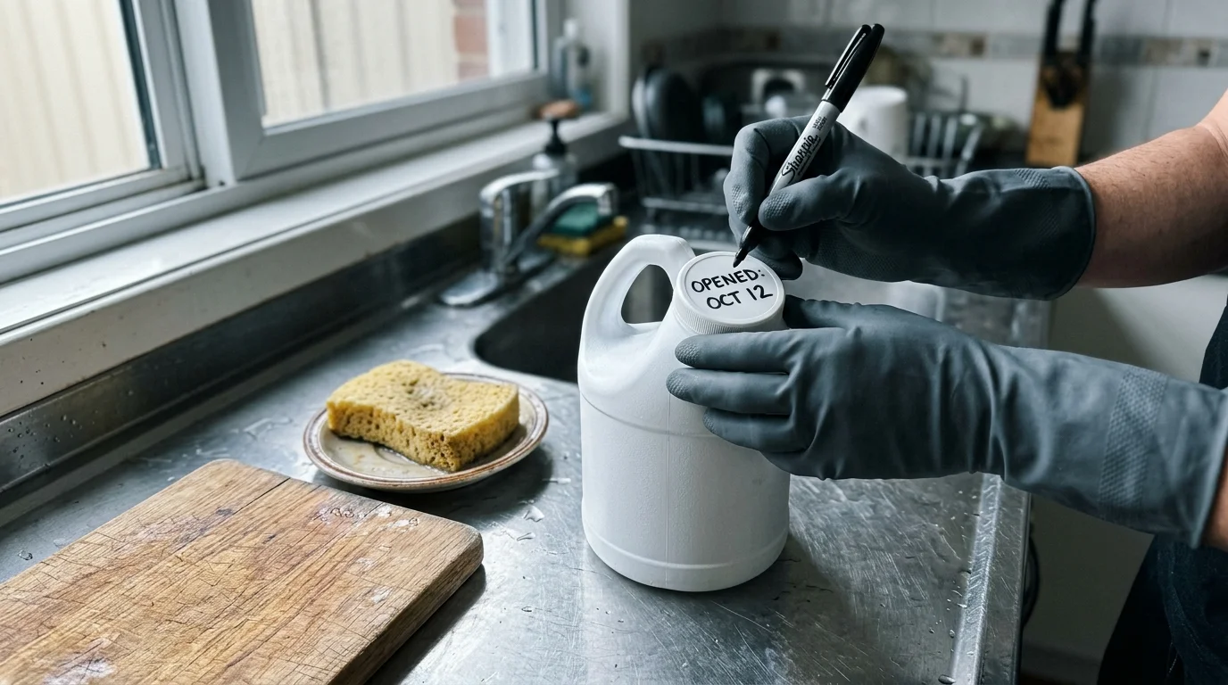 Person wearing gray rubber gloves writes an opened date on a white jug cap with a black marker beside a kitchen sink.
