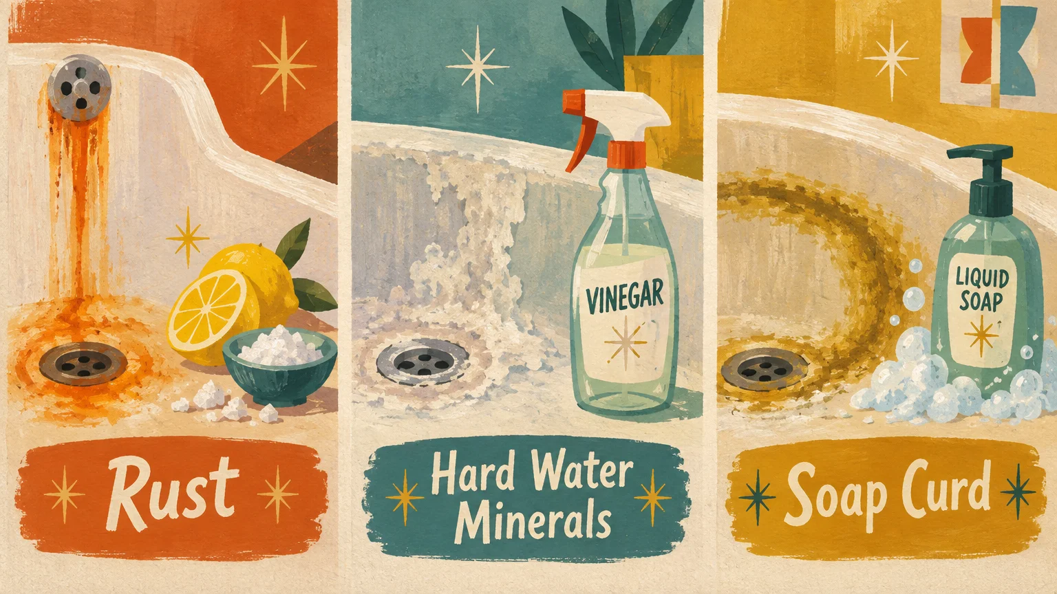 Three illustrated panels showing bathtub stains labeled Rust, Hard Water Minerals, and Soap Curd with cleaning supplies.
