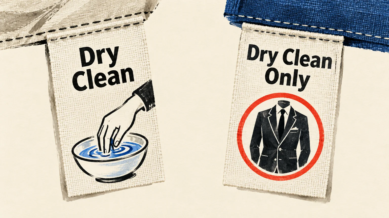 Illustration of two clothing care tags reading Dry Clean with a hand in water, and Dry Clean Only with a suit in a red circle.