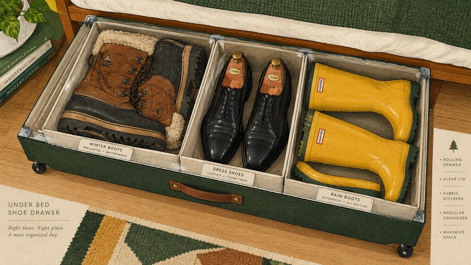 Illustration of an under-bed rolling shoe drawer with clear top holding winter boots, dress shoes, and yellow rain boots.
