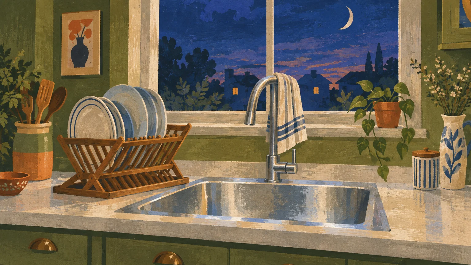 Illustration of a clean stainless steel sink, dish drying rack, and kitchen window overlooking a night sky with a crescent moon.