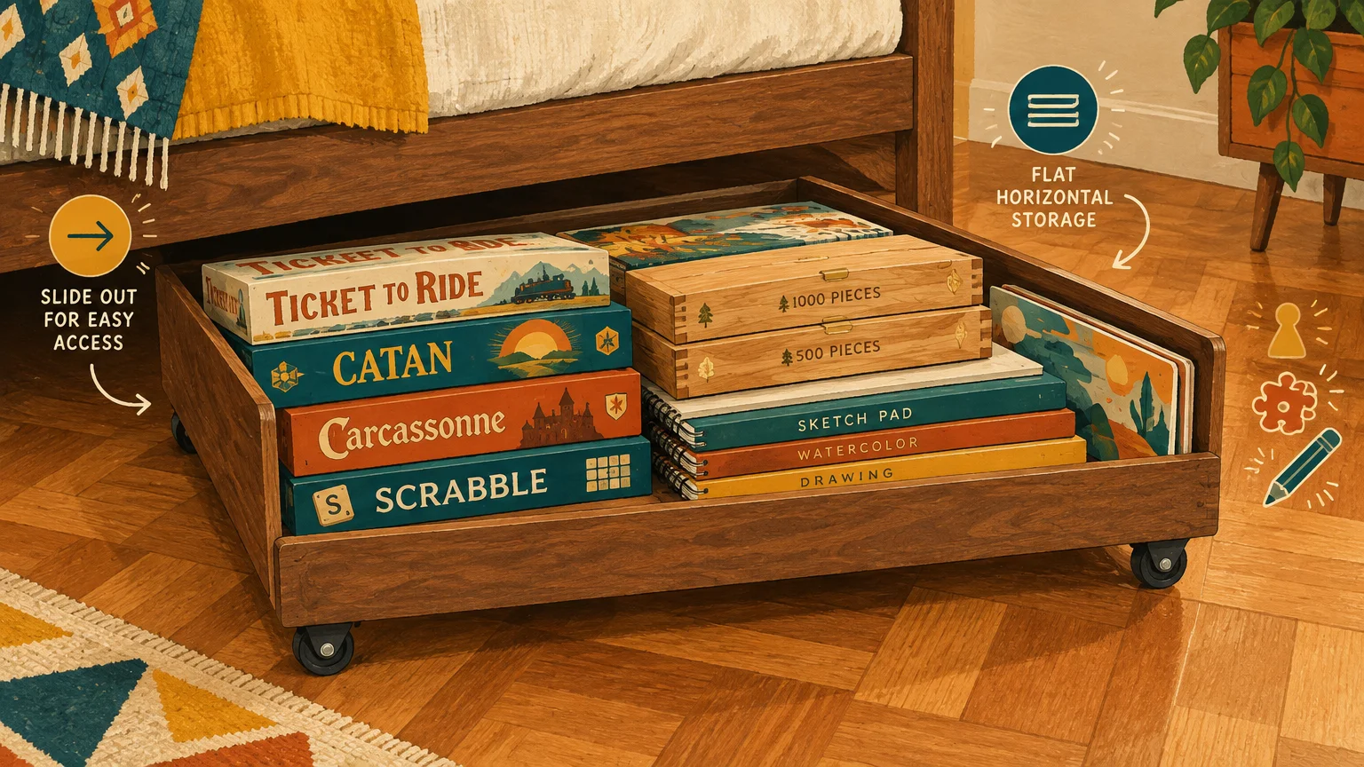 Illustration of a wooden wheeled storage tray under a bed holding stacked board games, puzzle boxes, and sketchpads.