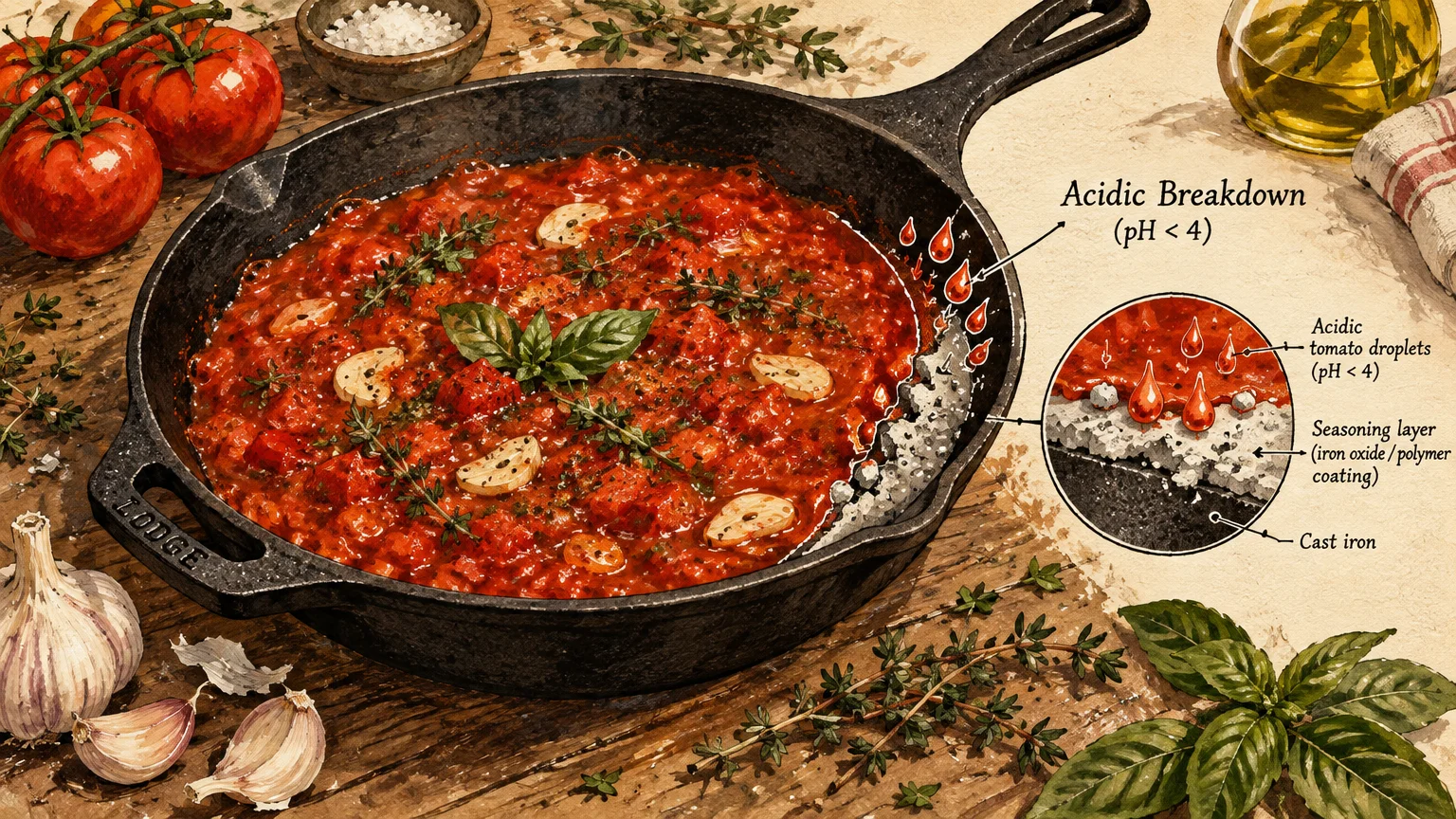 Illustration of tomato sauce simmering in a cast iron skillet with a diagram showing acid eroding the seasoning layer.