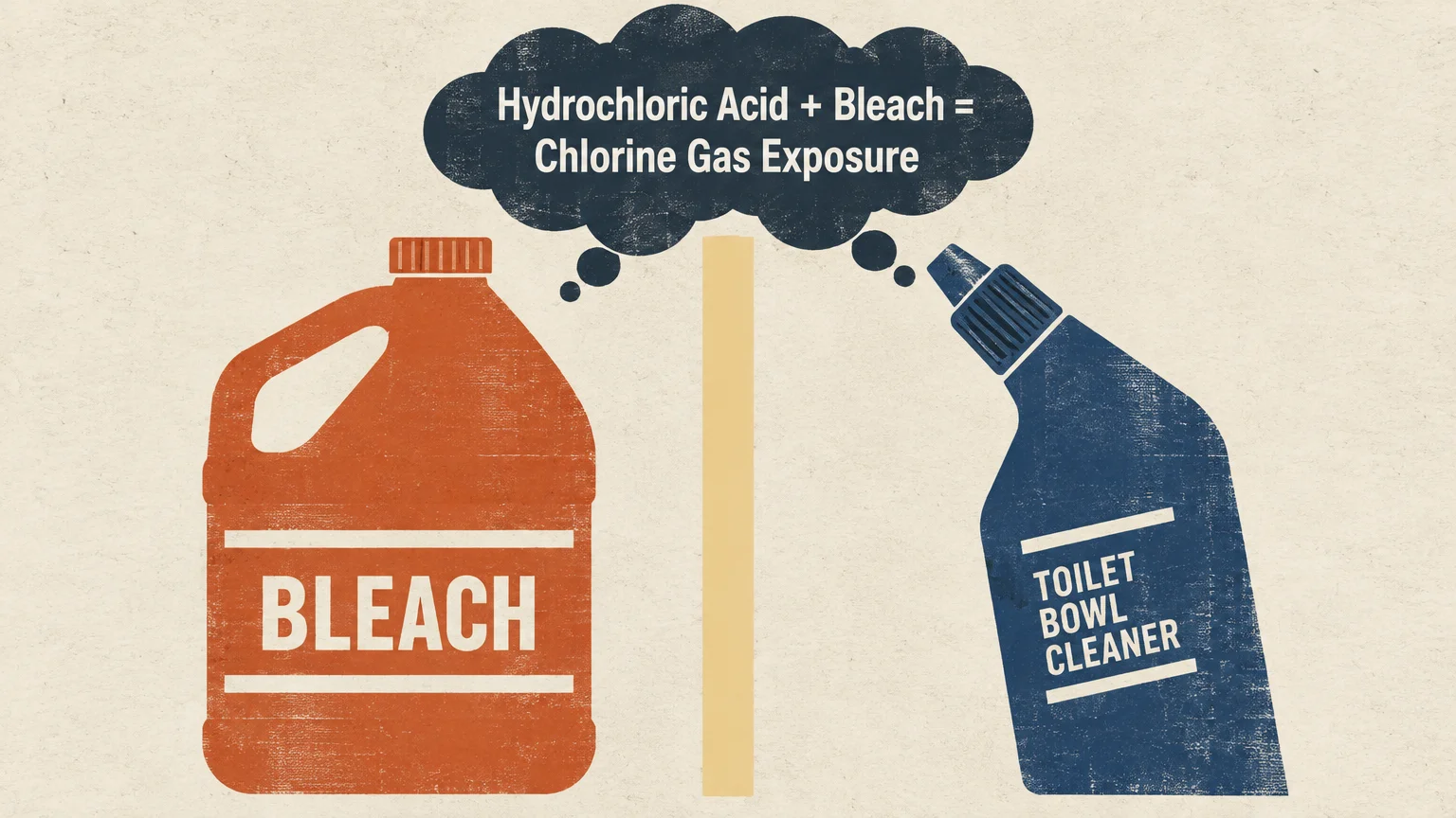 Screenprint illustration of a bleach jug and toilet bowl cleaner bottle beside a thought cloud warning of chlorine gas.