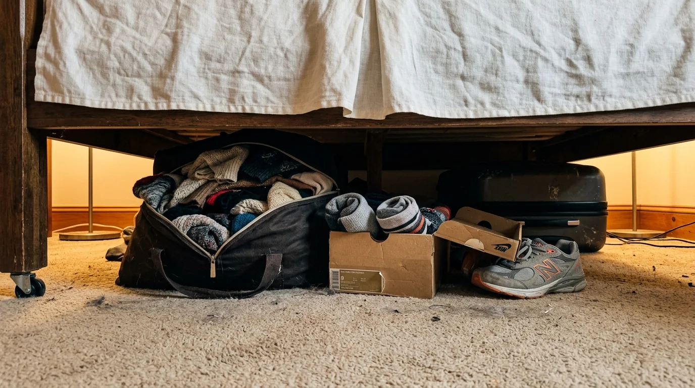 Cluttered storage under a wooden bed frame, including an open duffel bag of clothes, a shoebox with socks, and a sneaker.