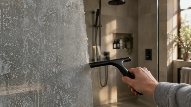 Hand using a black squeegee to clean a cloudy, soap-scum-covered glass shower door in a modern bathroom.