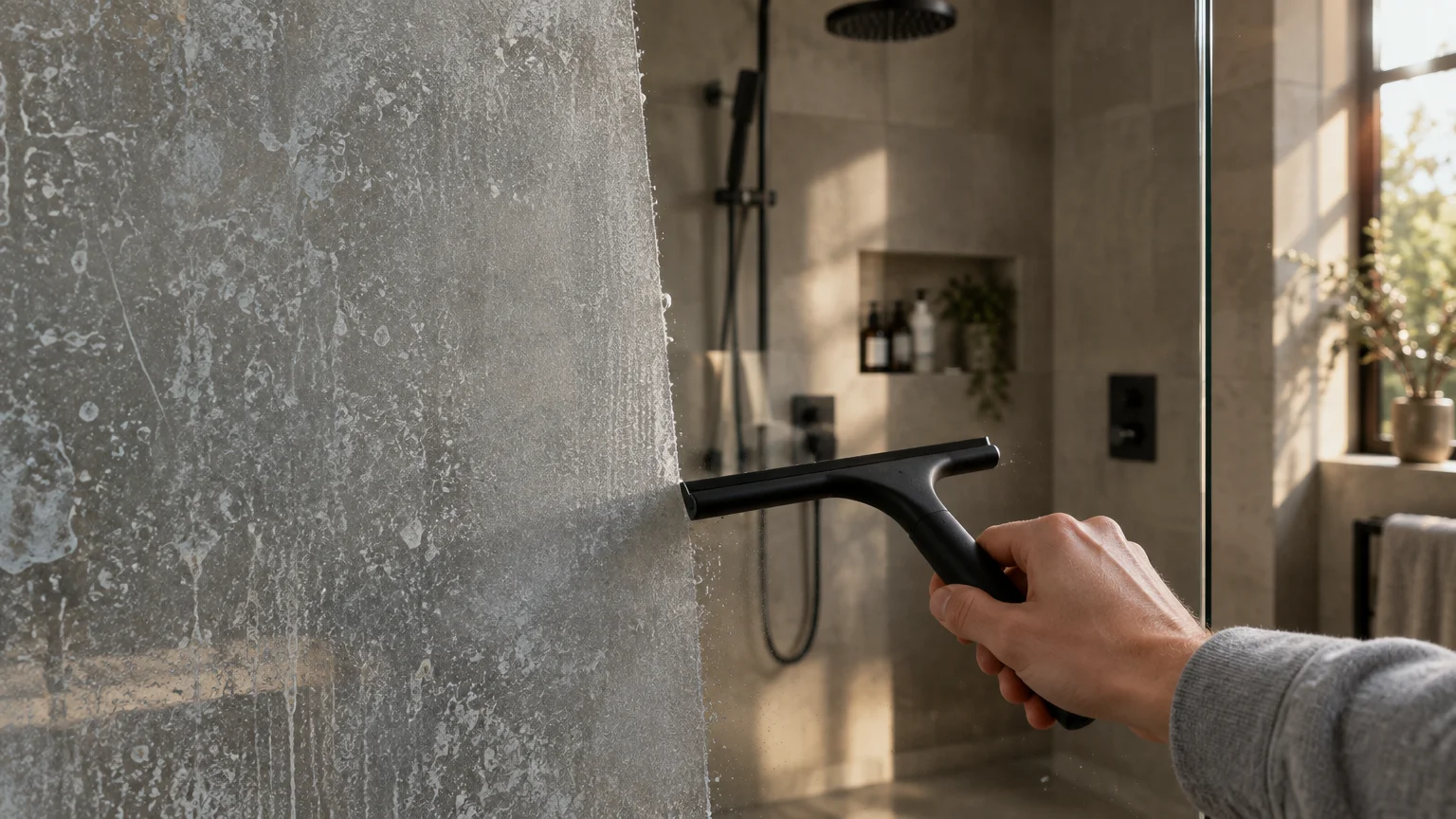 Hand using a black squeegee to clean a cloudy, soap-scum-covered glass shower door in a modern bathroom.