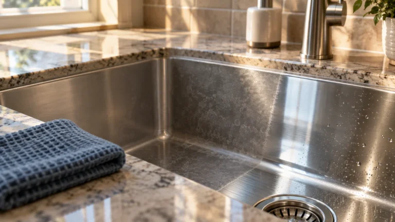 Stainless steel kitchen sink split between a dull, water-spotted left side and a clean, polished right side.
