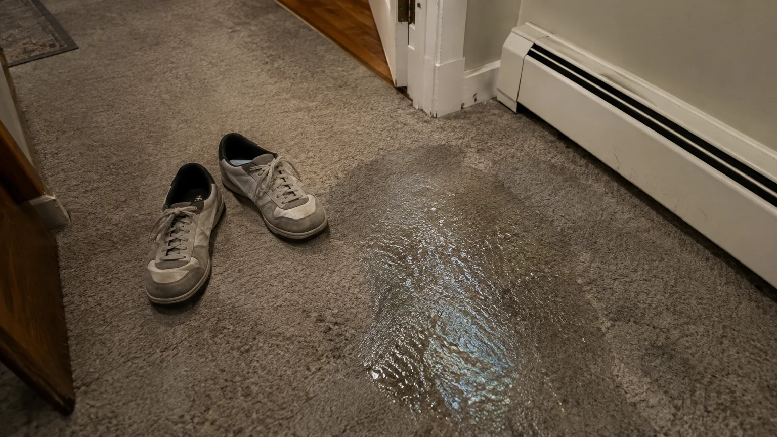 A wet puddle soaked into beige carpet on a floor next to a pair of sneakers and a baseboard heater.