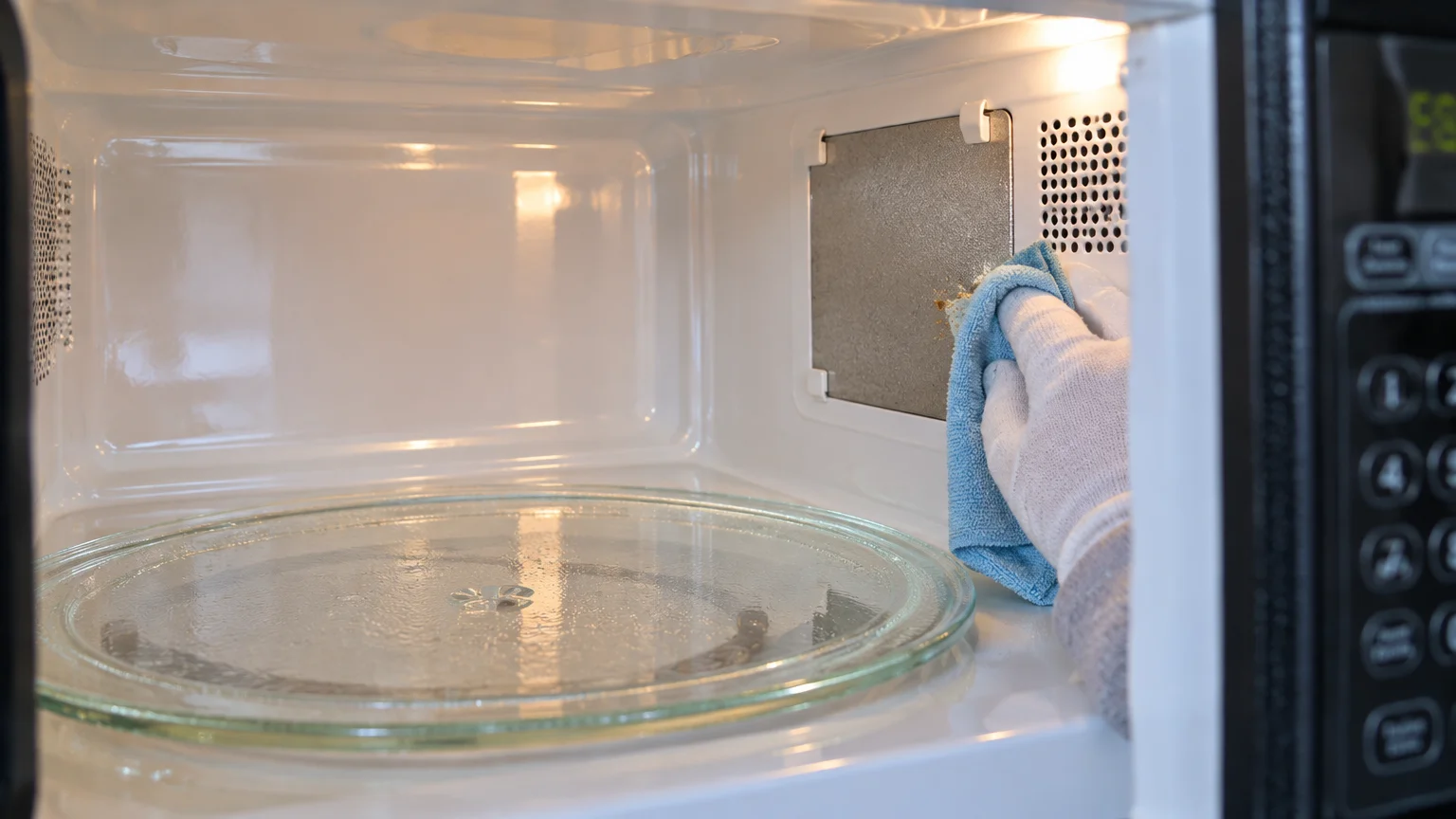 A gloved hand wipes the interior mica waveguide cover of a clean white microwave cavity with a blue cloth.