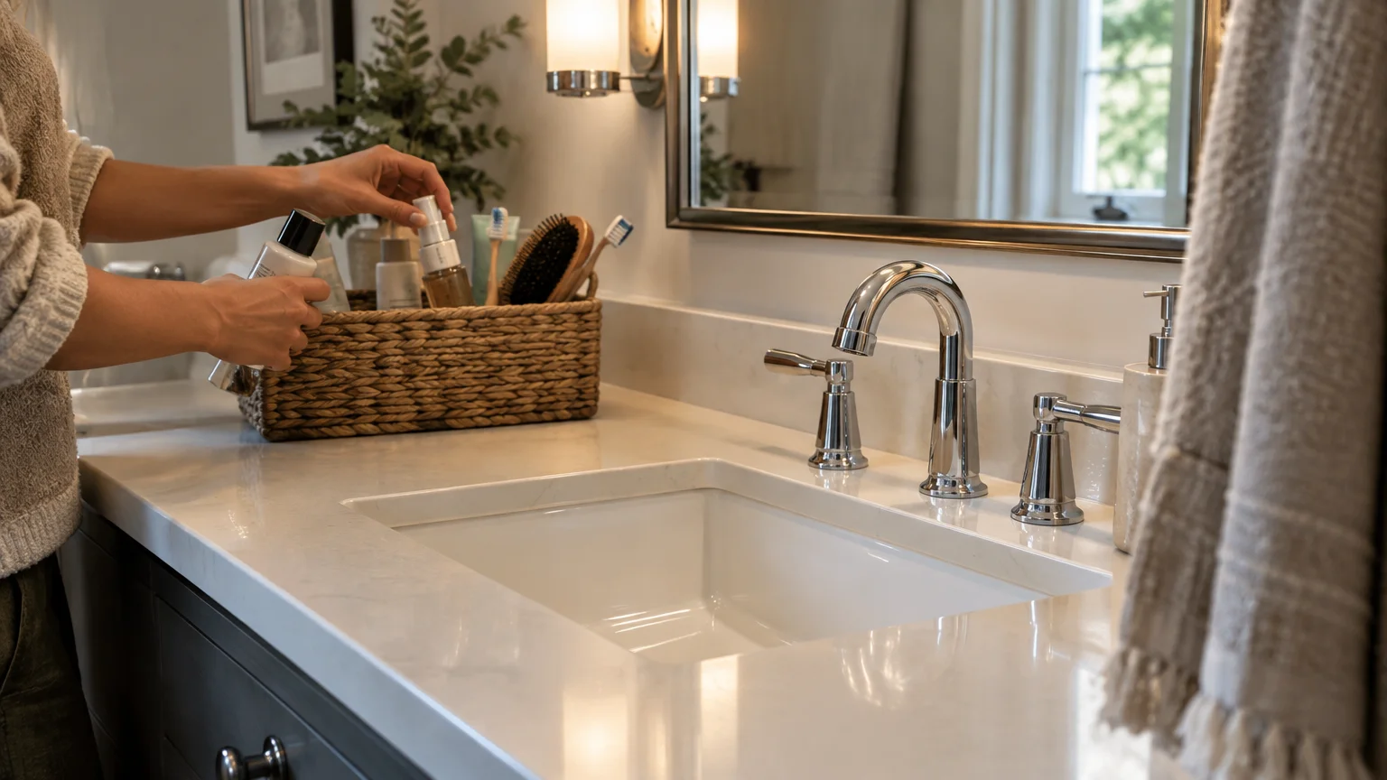 A person organizes toiletries into a woven basket on a white bathroom vanity next to a sink.