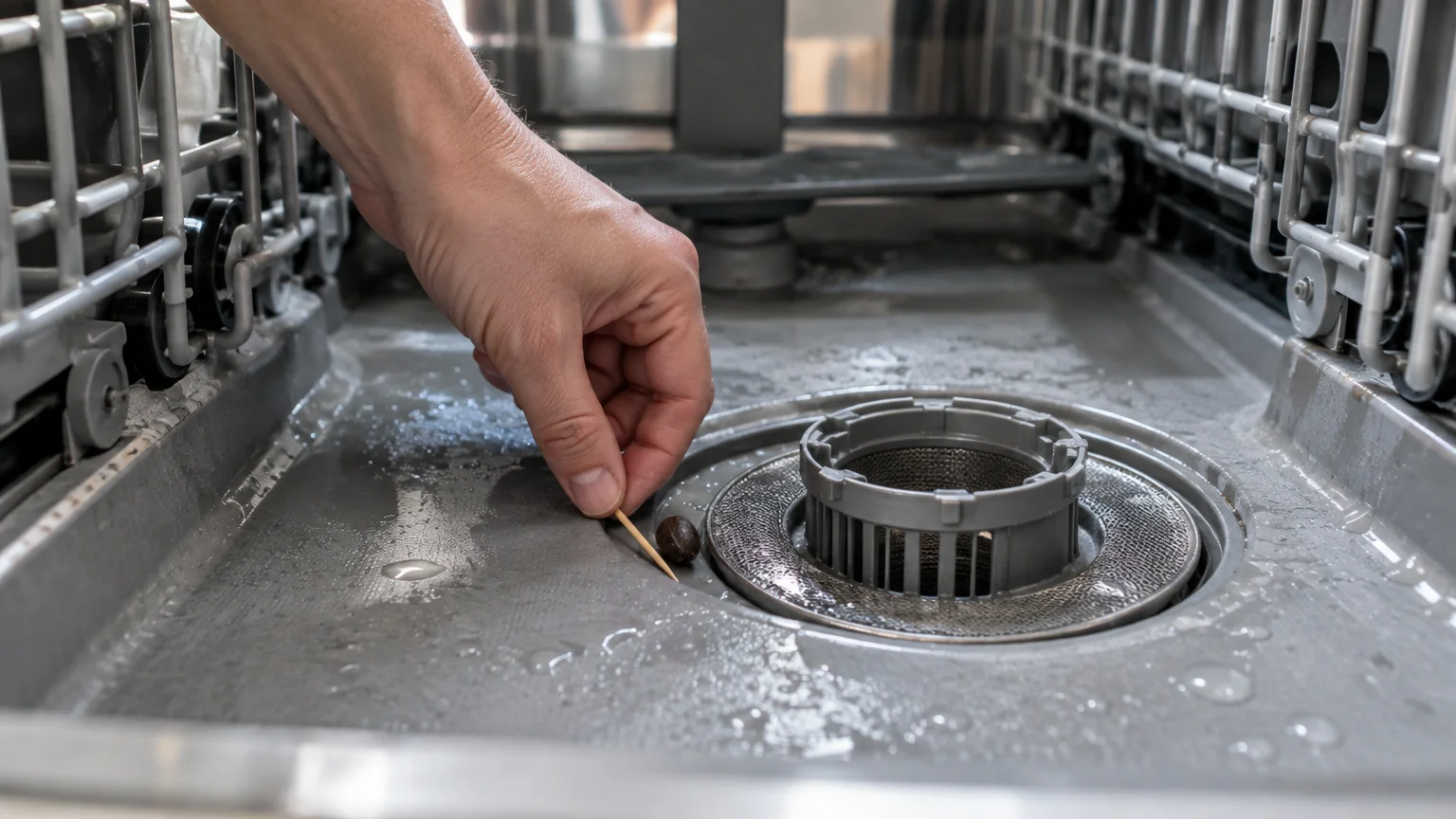 Hand picking up a broken toothpick and an olive pit from the wet bottom of a dishwasher near the drain filter.