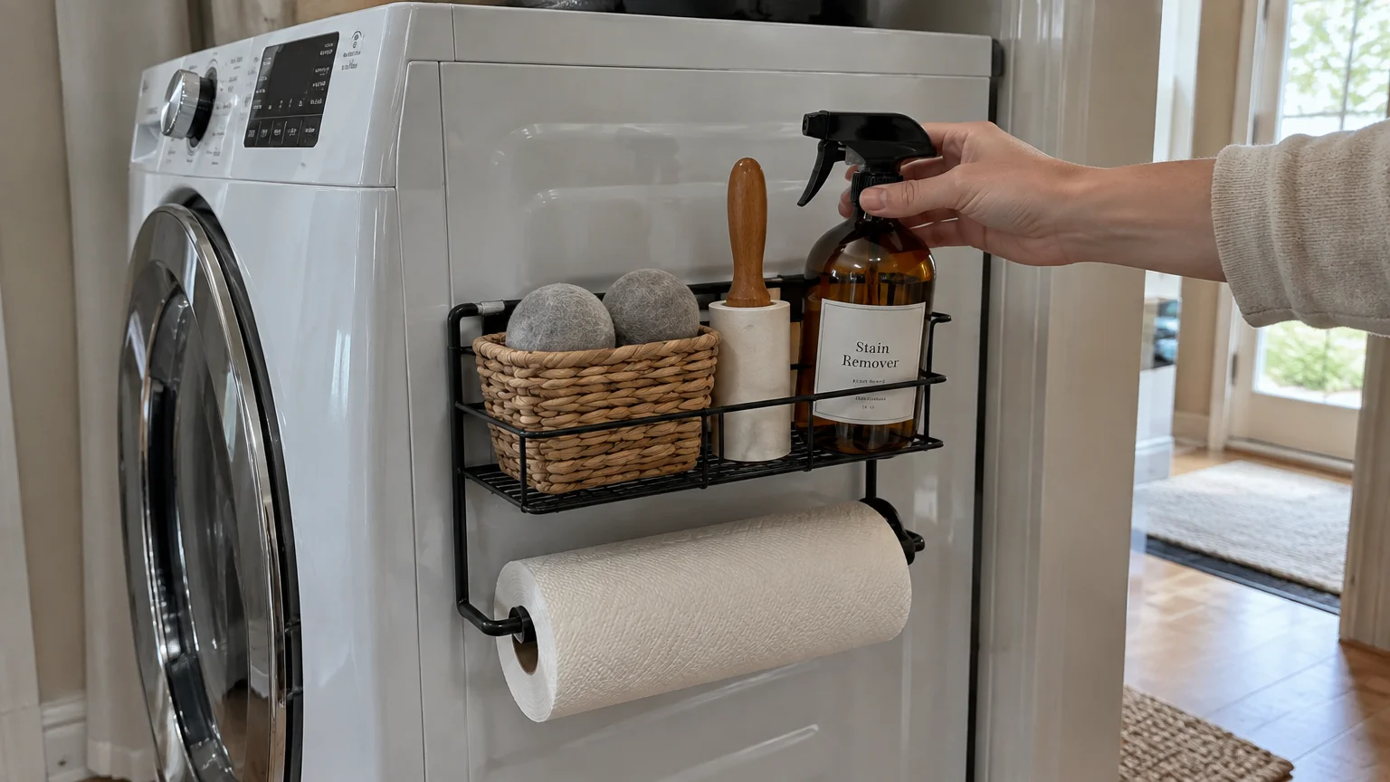 Black magnetic wire rack on a white washing machine holding dryer balls, a lint roller, spray bottle, and paper towels.