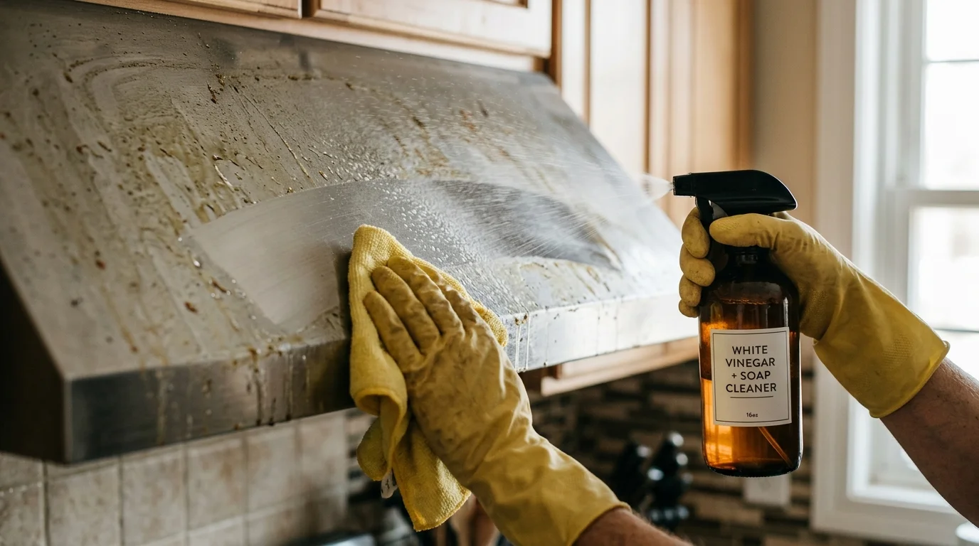 Gloved hands spraying a homemade cleaner onto a greasy stainless steel range hood and wiping it clean with a yellow cloth.