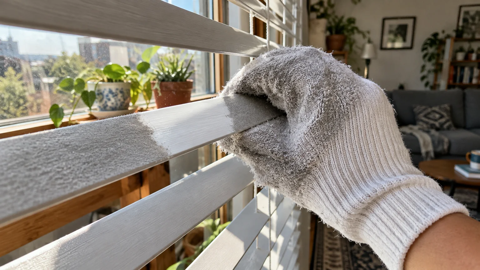 A hand wearing a thick grey sock wipes thick dust off a white window blind slat.