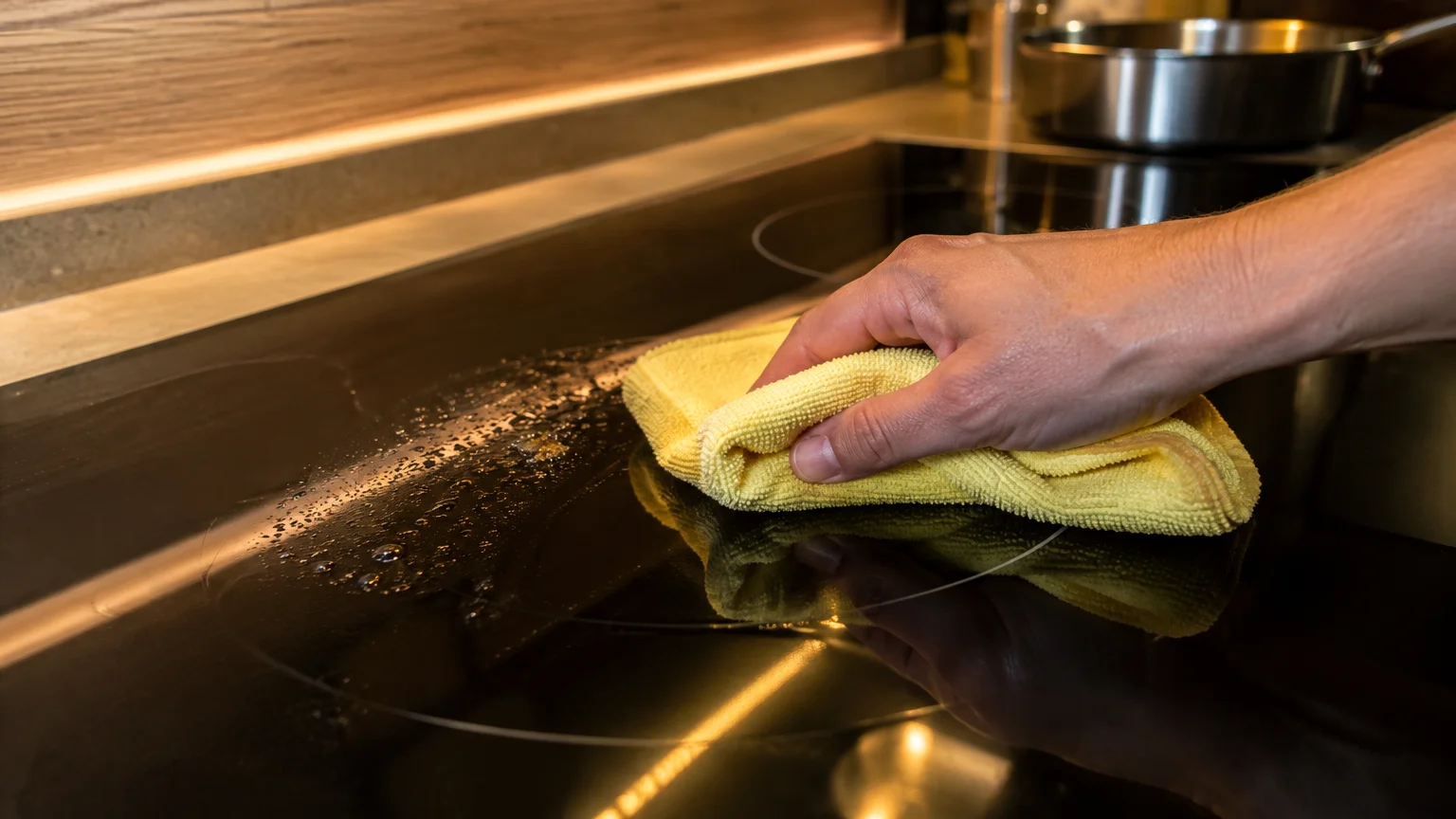 A hand wiping splattered liquid from a black glass cooktop using a yellow microfiber cloth.