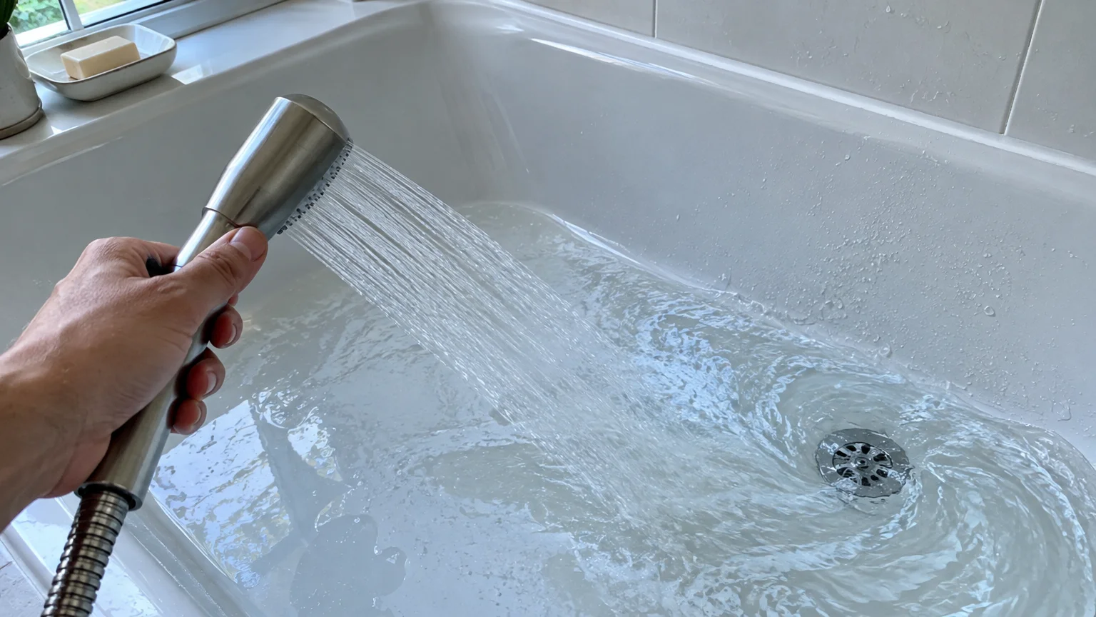 A hand spraying water from a handheld showerhead into a white bathtub as water swirls down the drain.