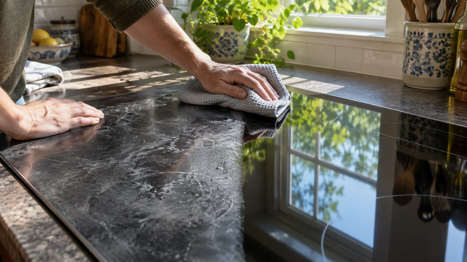 A person wiping a cloudy, smeared glass cooktop with a grey waffle-weave cloth, revealing a shiny, reflective surface.