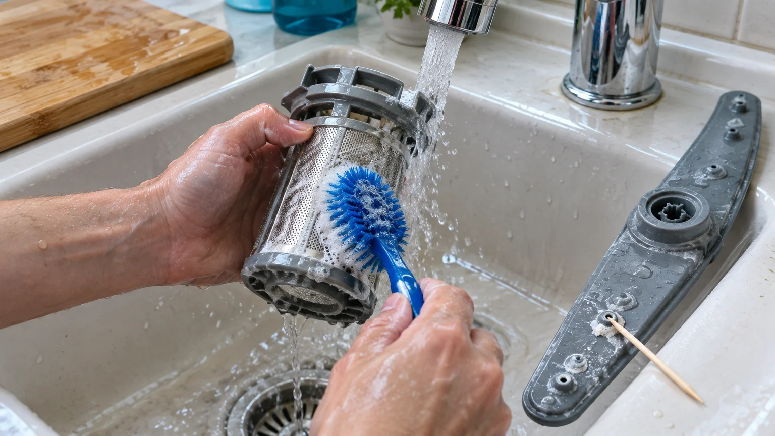 Hands scrubbing a cylindrical dishwasher filter with a blue brush under running water in a sink beside a spray arm.