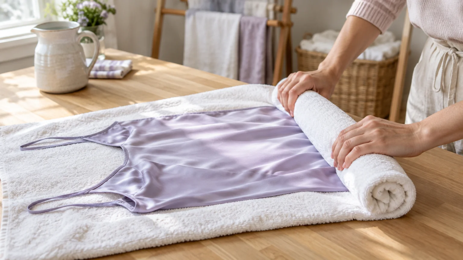 Hands rolling a lavender silk camisole inside a white bath towel on a wooden table.