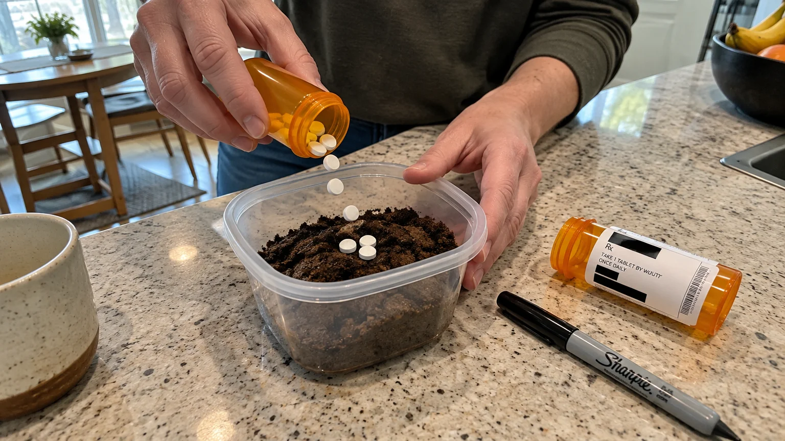 Person pouring prescription pills into a plastic container of coffee grounds next to a blacked-out pill bottle and marker.