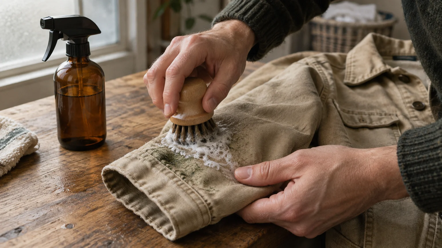 Hands scrubbing soapy lather into a stained jacket sleeve with a round wooden brush on a table near a spray bottle.