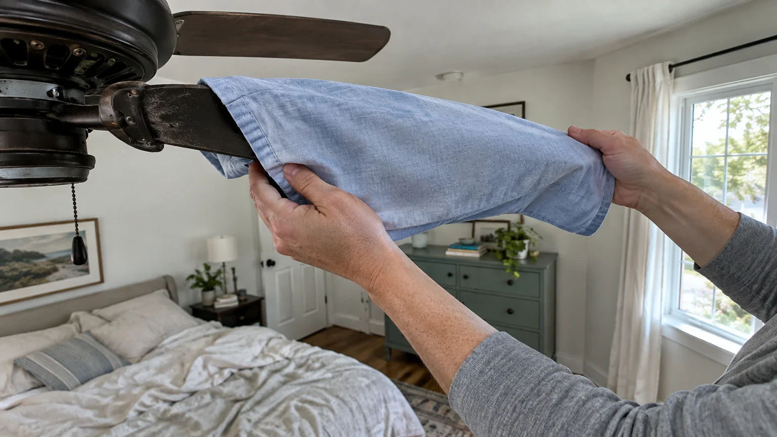 A person slides a light blue pillowcase over a dusty dark ceiling fan blade in a bright bedroom.
