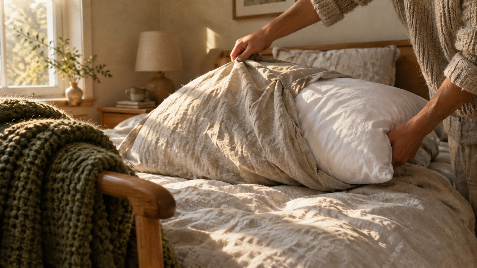 Person changing a linen pillowcase on a white pillow atop a neatly made bed in a sunlit bedroom.