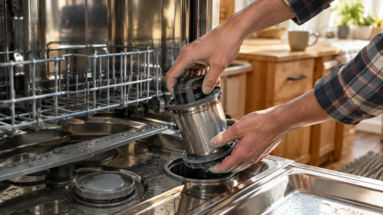A person's hands removing a cylindrical metal mesh filter from the bottom of an open stainless steel dishwasher.