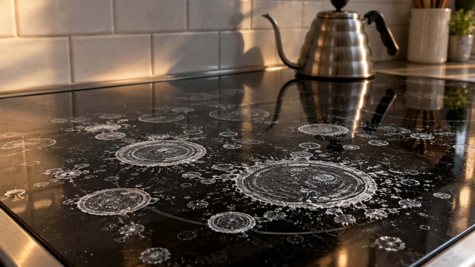 White circular mineral rings and water stains dried across a black glass stovetop beside a metal kettle.