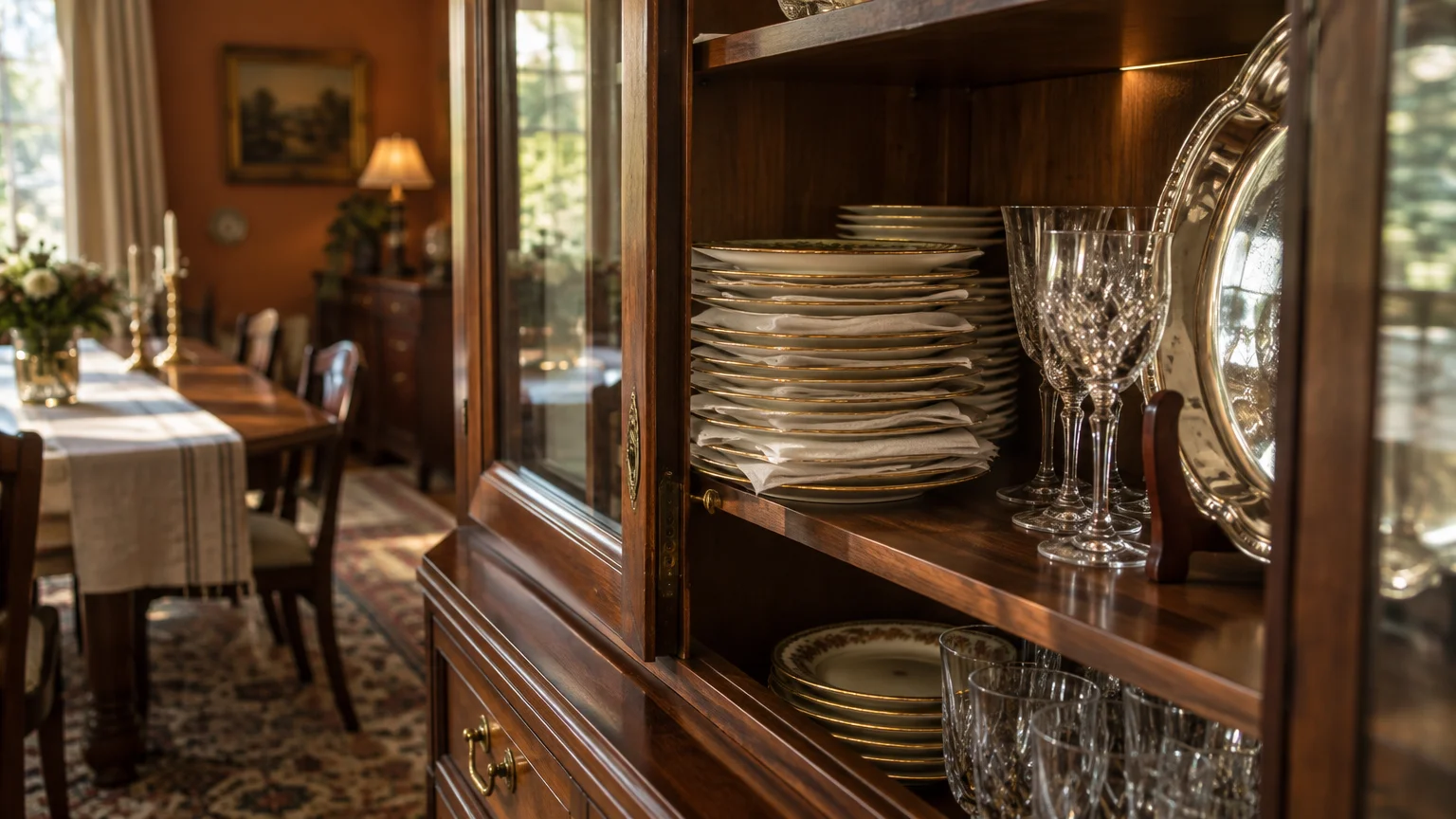 Wooden china cabinet holding stacked gold-rimmed plates, crystal stemware, and a silver platter in a dining room.