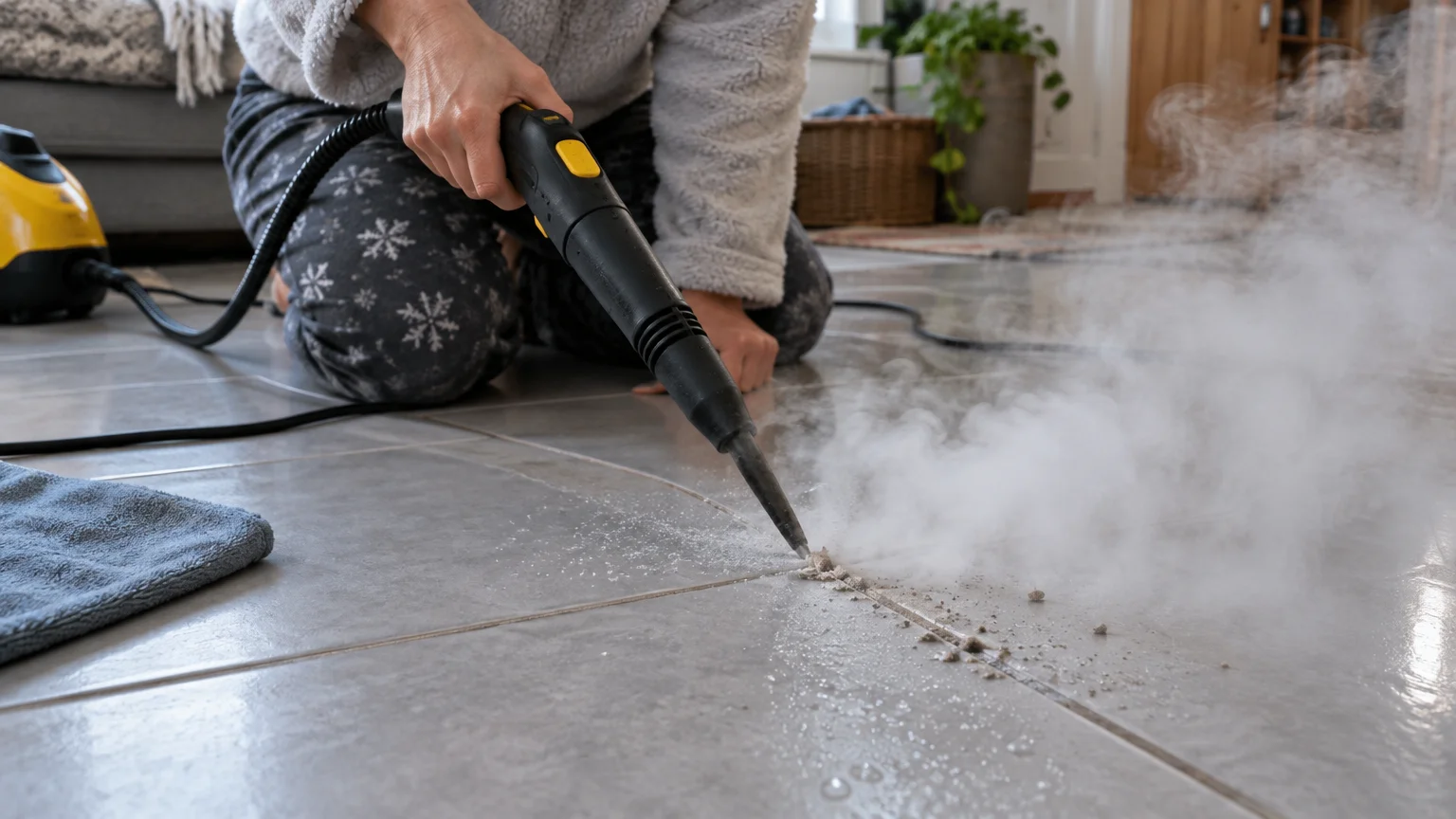 A person kneeling on a tiled floor directs a high-pressure steam nozzle directly into a grout line, blasting steam and debris.