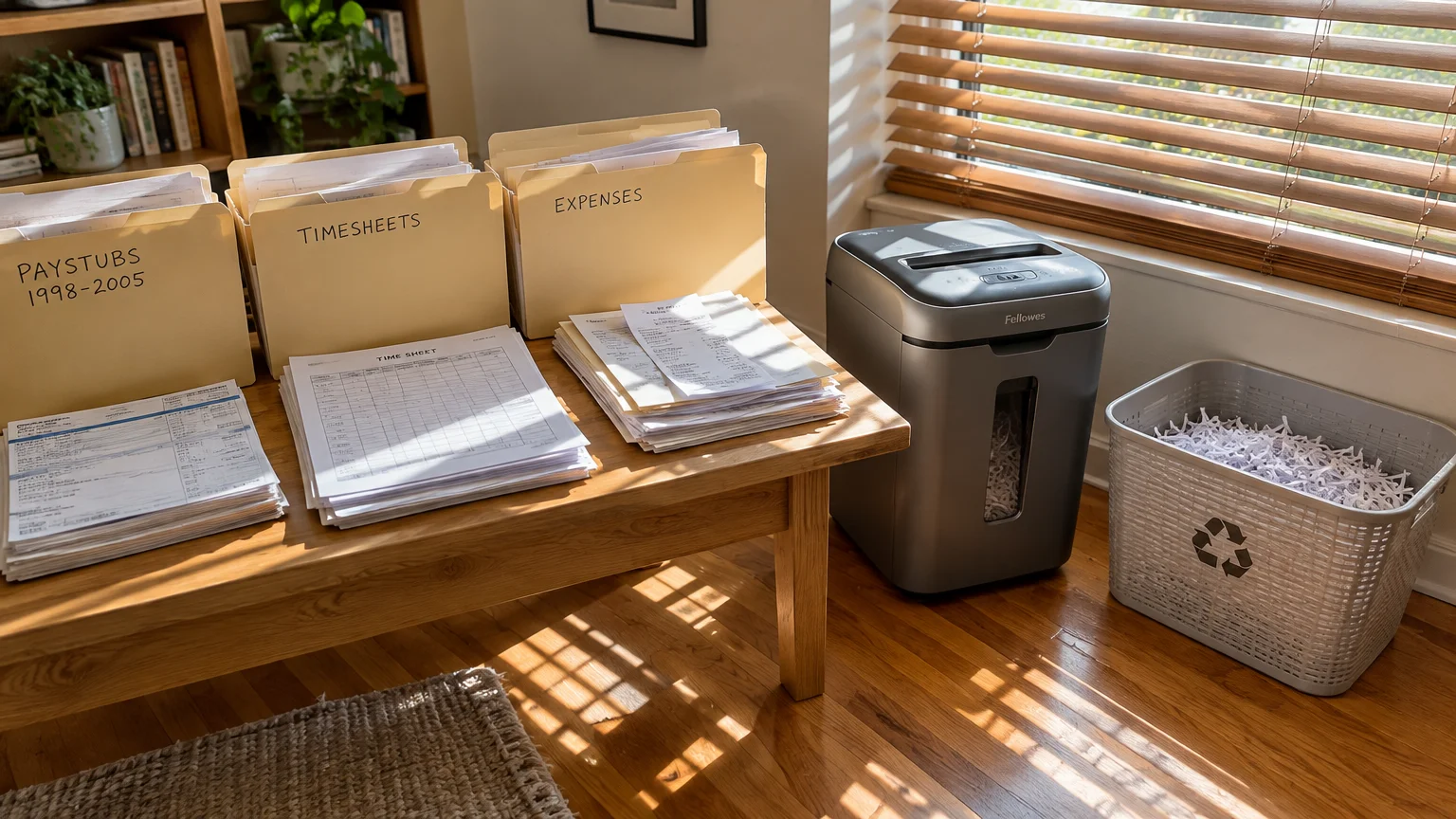 Paper shredder next to a recycling bin filled with shredded paper, with folders of paystubs and timesheets on a table.