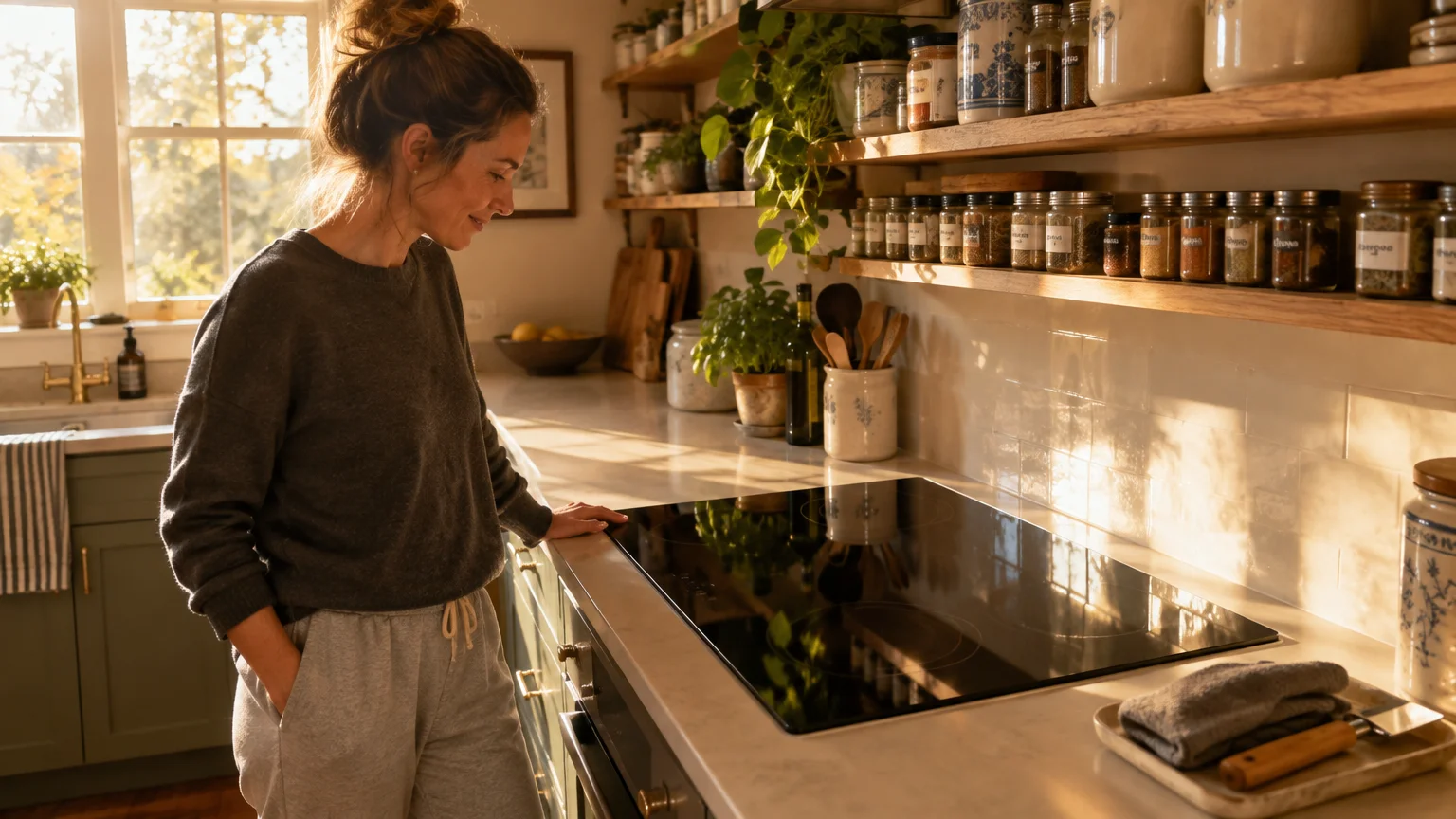 A woman standing in a sunlit kitchen looks down at a clean, glossy black glass cooktop on a marble counter.