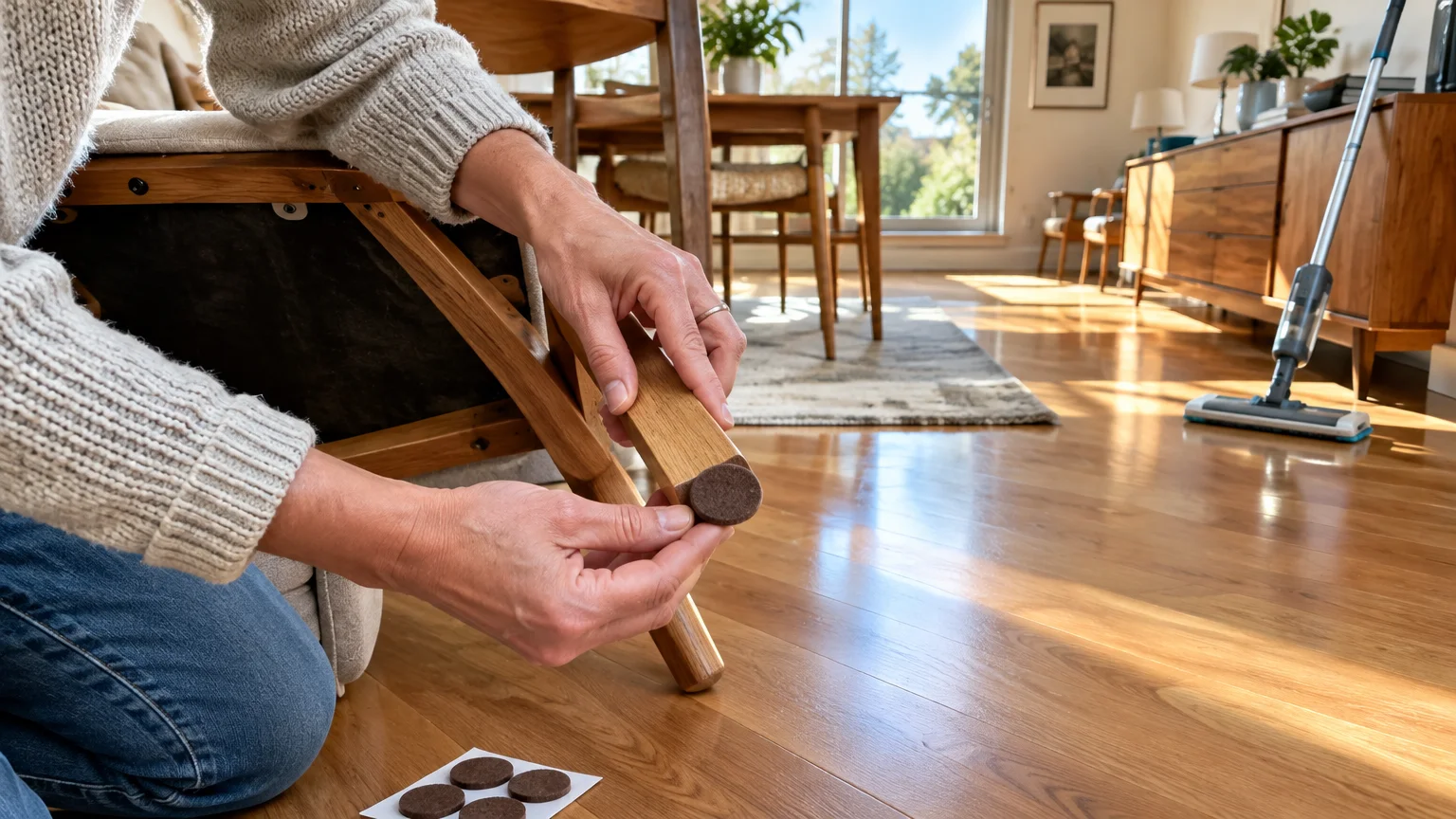 Person kneeling on a wood floor attaching a round felt protector pad to the bottom of a wooden chair leg.