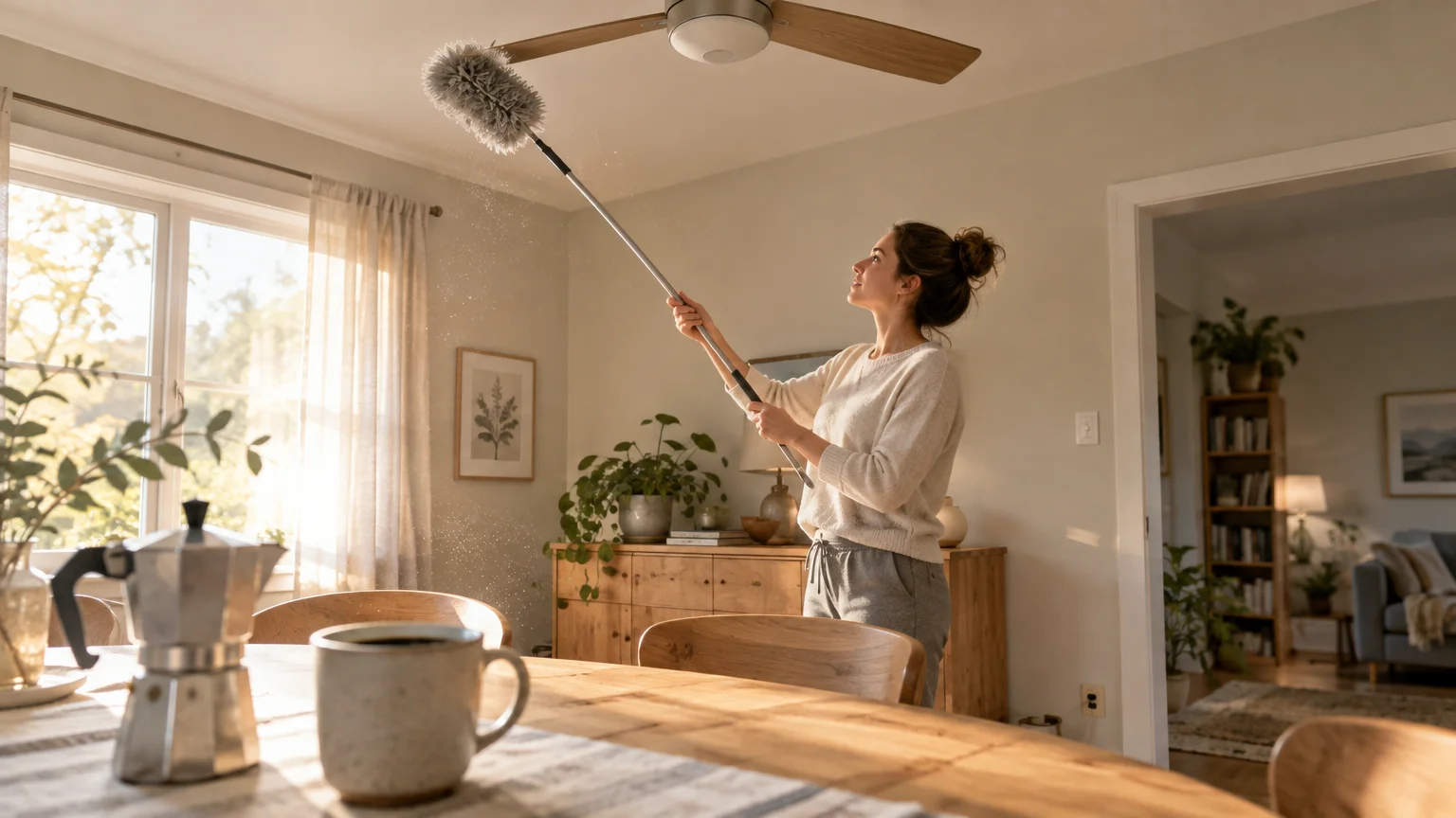 A woman uses a long extendable microfiber duster from the floor to clean the wooden blades of a ceiling fan.